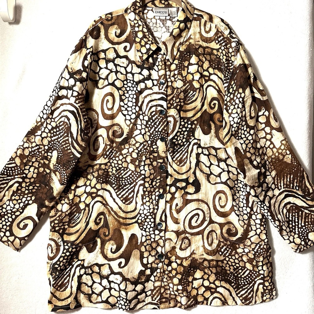 Chico's‎ 3 XL Linen Tunic Button-Up Abstract Print Long-Sleeve Shirt Shacket